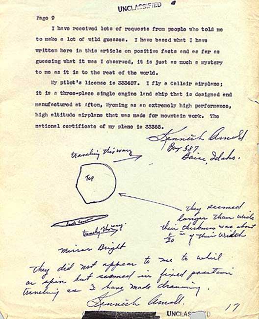 Kenneth Arnold's own written account/report of his sighting, submitted in the days after the event, July 1947.