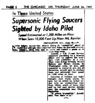 Chicago Sun wire-service front-page clipping on the 'flying saucer' story, June 26, 1947.